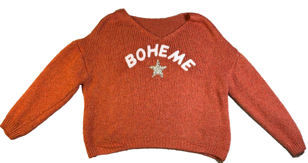 Boheme Made in Italy Sweater Womens Rust Orange Rhinestone Star Oversized Knit